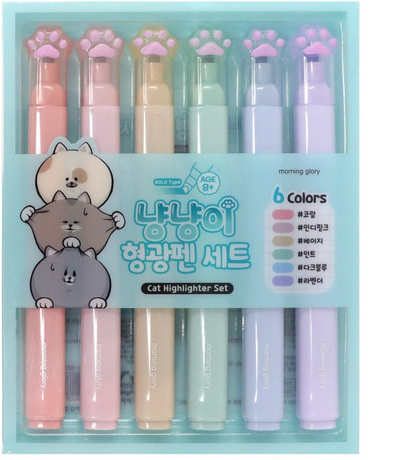 모닝글로리 / 냥냥이 형광펜 6색 세트 / 형광펜라이너 형광펜세트 모닝글로리형광펜 6색세트 파스텔형광펜