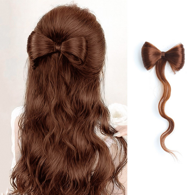 일호장신구 러블리 리본 웨이브 가발 집게핀 여성가발 헤어피스 데이트룩 셀프 스타일링, 1개, 라이트브라운
