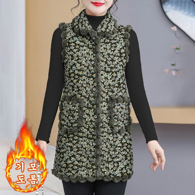 ORZQU 가을겨울 중장년여성 프린트 융털 미디 기모 보온 민소매 조끼 엄마옷 베스트