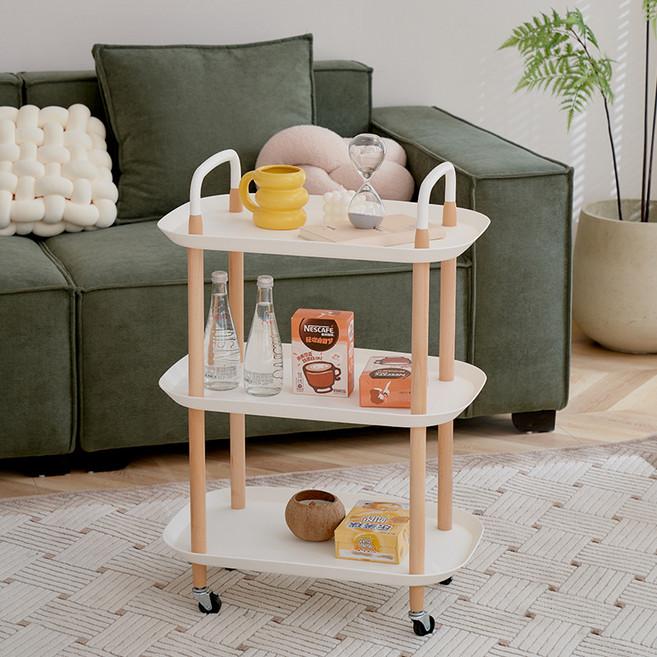 이동식 테이블 트롤리 카트 사이드 테이블, 3단, 화이트우드 타원형