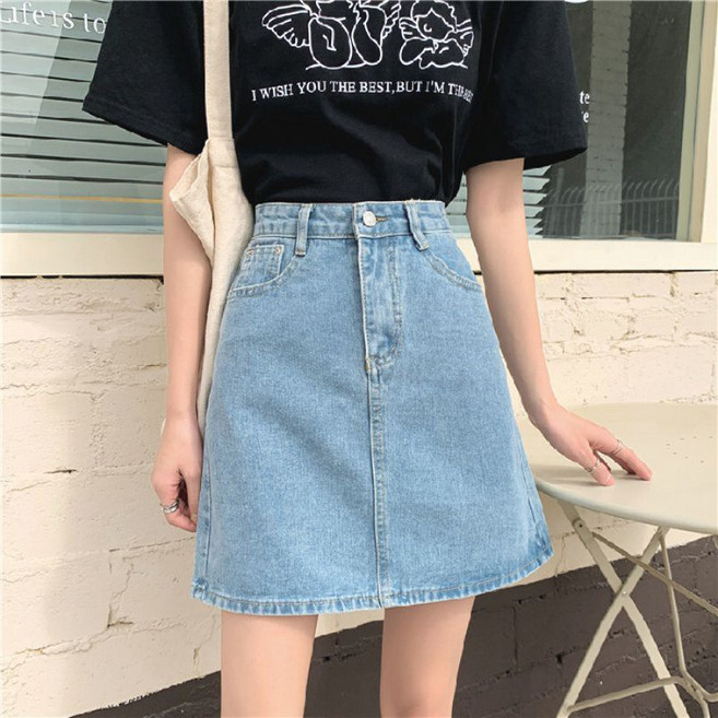 高腰牛仔短裙 包臀A字裙 韓版顯瘦半身裙 夏季百搭 小個子女生+淺藍色+S