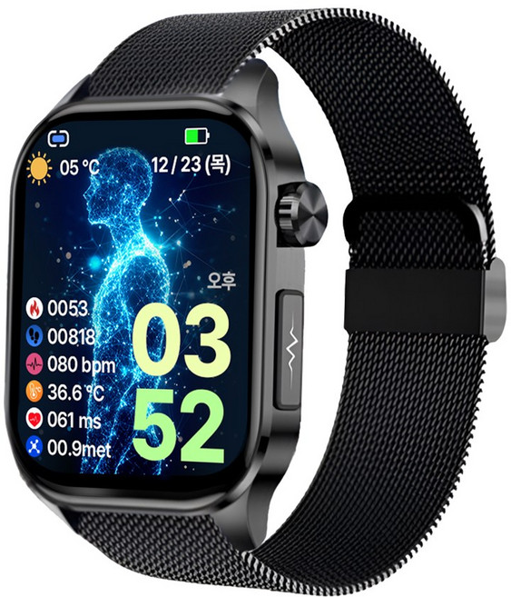 액션맨 글루코워치 ET 건강데이터 스마트워치, 블루투스, 5.13cm, 블랙실리콘+블랙메쉬