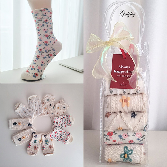 [당일발송] 국산 여성 꽃양말 선물세트 5켤레 꽃무늬 양말세트 단체 양말 키키야삭스 엄마선물 kikiya 에스디지