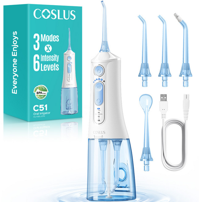 COSLUS 코슬루스 6단 수압+3종 모드 휴대용 구강세정기 IPX7 급방수+4개 노즐팁, 하얀색, C51