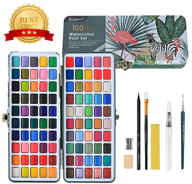시스슈 고체 수채화물감 올인원 세트 워터펜 디테일브러쉬 붓 지우개 샤프너 팔레트 수채화종이8매 스펀지 포함, 100색, 1세트