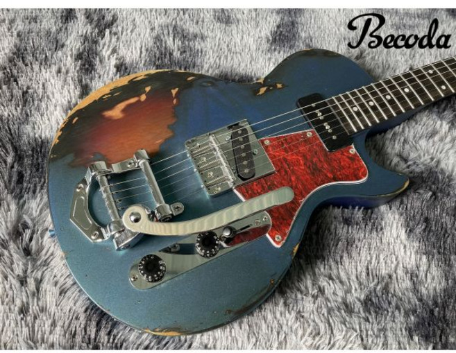 입문용기타 새로운 becoda 일렉트릭 기타. 리틀 재즈 트레몰로 시스템 손으로 만든 올드 반짝이는 메탈릭 블루와 선셋, 40 인치, guitar with case, 1개