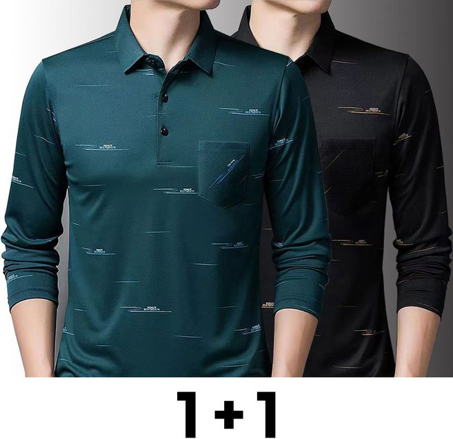 Neirny 1+1 중장년 남성 긴팔 폴로 티셔츠 빅사이즈 봄 가을 캐주얼 포켓 카라넥 골프 티셔츠 스트라이프 이너 아빠룩 간절기 긴팔티 2매입