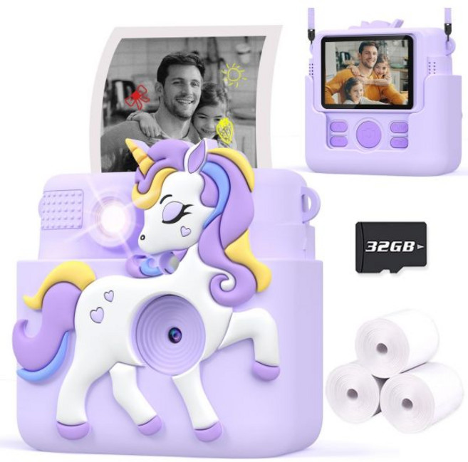 Careenoah 4-12세 여아를 위한 키즈 카메라 즉석 프린트 선물 유니콘 실리콘 커버가 있는 용 카메라 3 4 5 6 7 8 9 10세 1080P 디지털 장난감 32GB, Purple, 1개