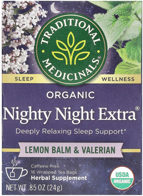 Traditional Medicinals 유기농 나이티 나이트 엑스트라 레몬밤 & 발레리안 카페인 무함유 포장 티백 16개입 24g(0.85oz), TraditionalMedicinals유기농나이티나이트, 1개, 16개