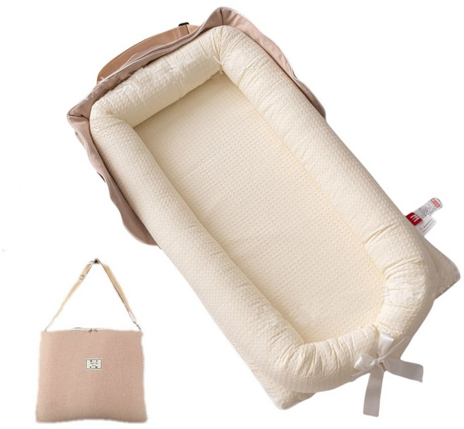 伊淶溫背包款嬰兒床中床：內外可拆洗便攜式防壓嬰兒睡窩、子宮仿生旅行床, 淡雅米(床+枕), 淡雅米