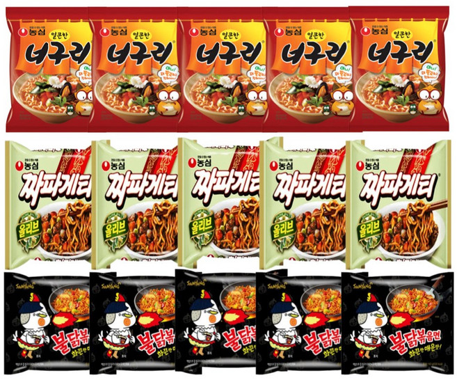 <꾼들>너구리5+짜파게티5+불닭볶음면5 짜파구리 불닭게티 세트 15개