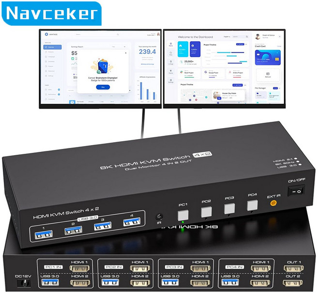 Navceker 4:2 HDMI KVM 스위치 4x2 4K 120Hz 듀얼 모니터 확장 디스플레이 8K USB KVM 스위처 4 대 컴퓨터용 2 인 2 아웃, ZY-ASW243, 1개