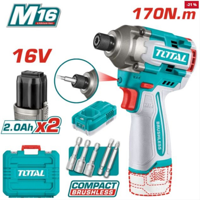 TOTAL 鋰離子衝擊起子機 170N.m 16V 2.0Ah x2 無刷, 1箱