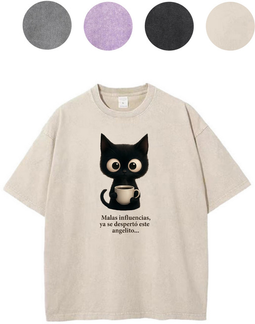 피그먼트 워싱 빈티지 순면100% 16수 블랙고양이 커피 감성룩 티셔츠 오버핏 S-5XL[에이비씨홈]