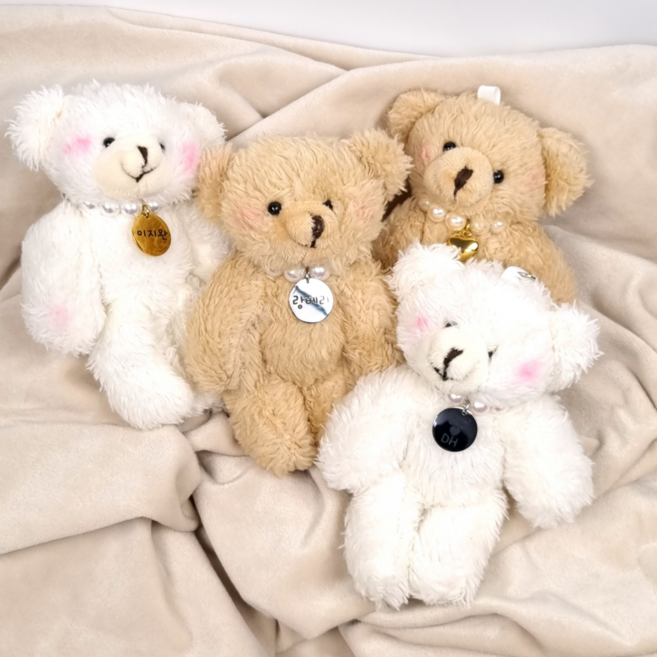 곰돌이키링 인형 가방 키링 참장식 무료각인 열쇠고리, 원형골드, 1개, 흰색