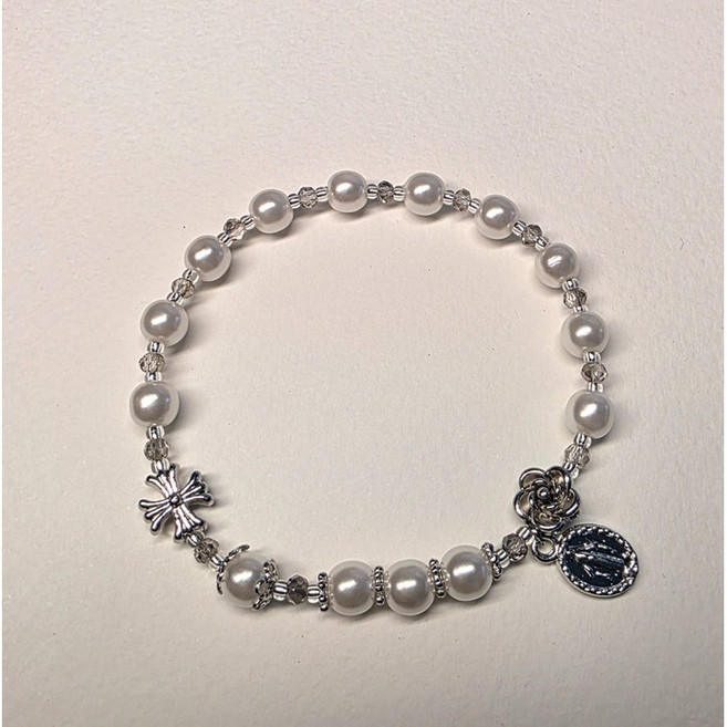 [세례명 각인] 실버 진주 묵주팔찌 묵주 1단묵주, 1개, 실버장미+기적의패