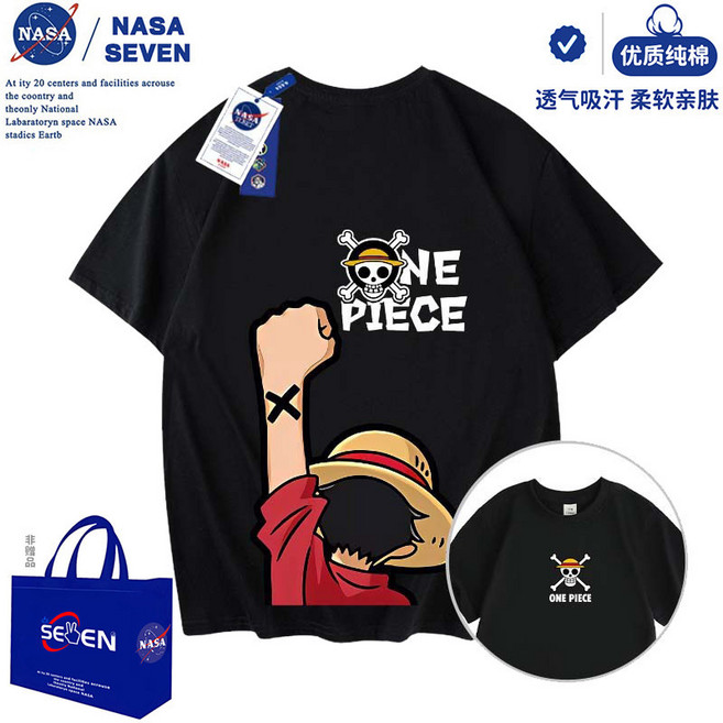 NASA 협업 여름철 남녀공용 반팔 티셔츠: 만화 애니메이션 원피스 루피 주먹 프린트 트렌디 티셔츠