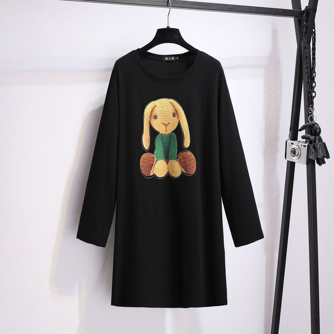 胖MM加肥加大碼長袖寬鬆中長款T恤連衣裙, 哈巴狗款,3XL