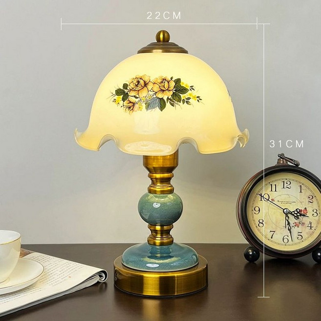 빈티지 플라워 스탠드 유럽풍 누름버튼스위치 책상 탁상 엔틱 스위치 케이블 무드등 꽃무늬 인테리어 황색광, 플로럴 패턴 세라믹 테이블 램프