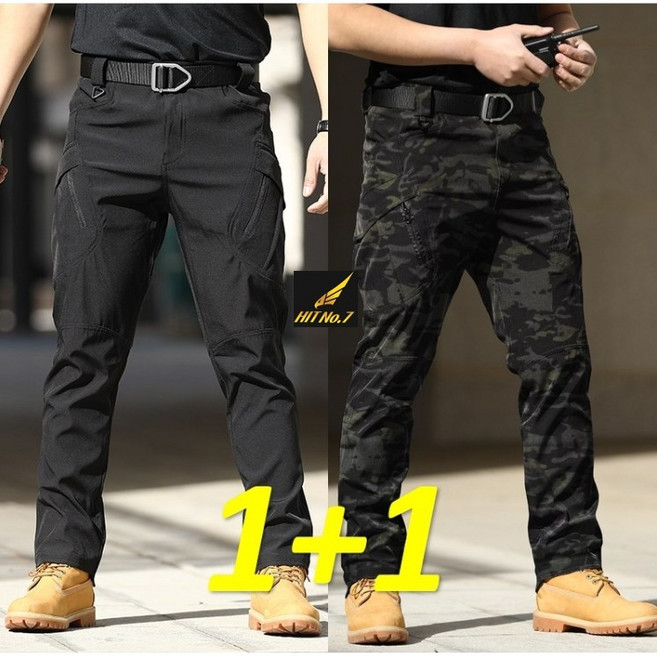 1+1(2벌) IX9 스판 전술바지 남자 카고팬츠 작업복 건빵 일자 오토바이 바지 빅사이즈, 40(3XL), IX9(블랙+밀리블랙)