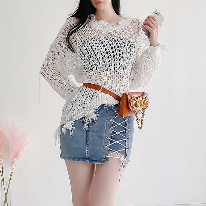 글램디브 크로프 그물짜임 긴팔 니트티 AH0754