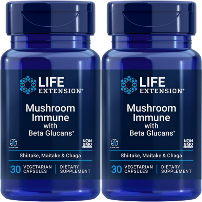 라이프익스텐션 머쉬룸 이뮨 베타글루칸 30베지캡슐 2개 마이타케 잎새 차가 표고 버섯 빵효모 Shiitake Chaga Maitake, 30정