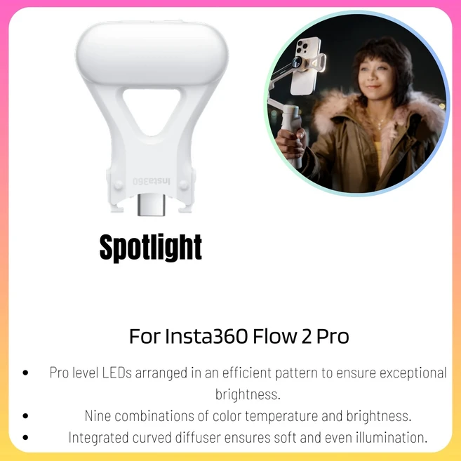 Insta360 Flow 2 Pro 액세서리 컬렉션 자기 전화 클램프 마운트 AI 트래커 배낭 클립 스포트라이트 운반 케, 08 Spotlight