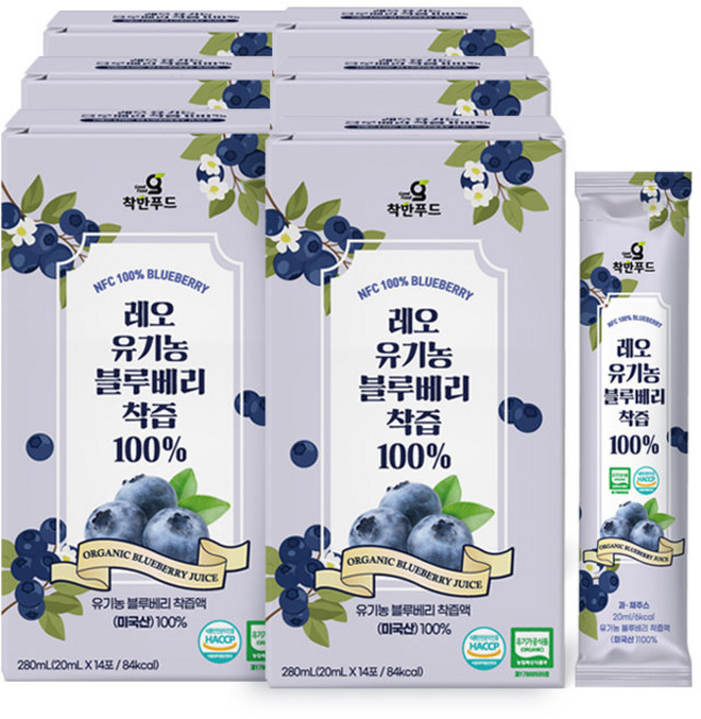 착한푸드 레오 유기농 블루베리착즙 100%, 280g, 6개