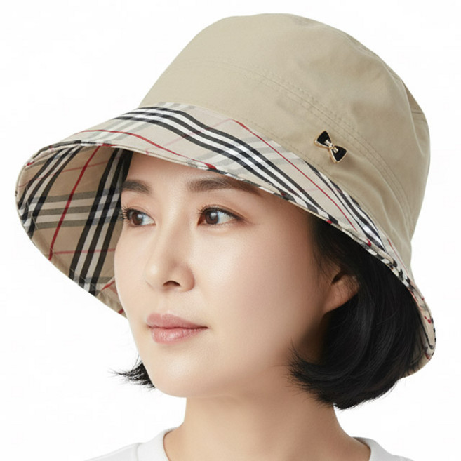 [국산] 베이직엠 중년 여성 봄 여름 모자 벙거지 챙사선체크 사이드 리본큐빅
