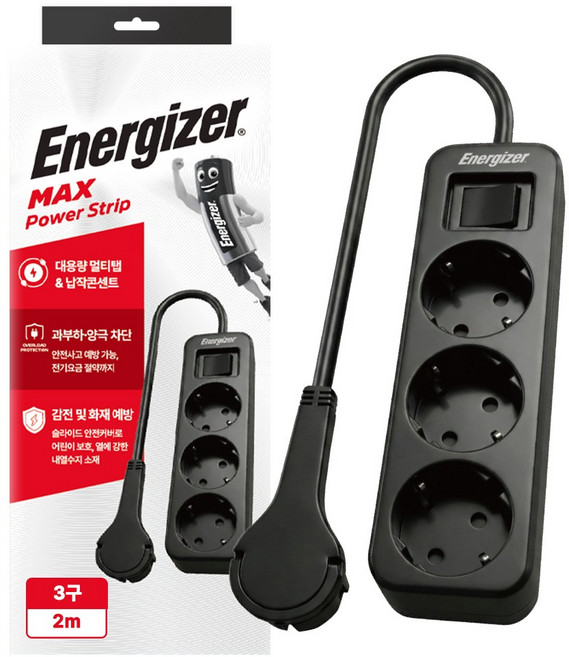 에너자이저 4000W 고용량 과부하차단 납작 멀티탭 3구 콘센트, 1개, 블랙, 2m