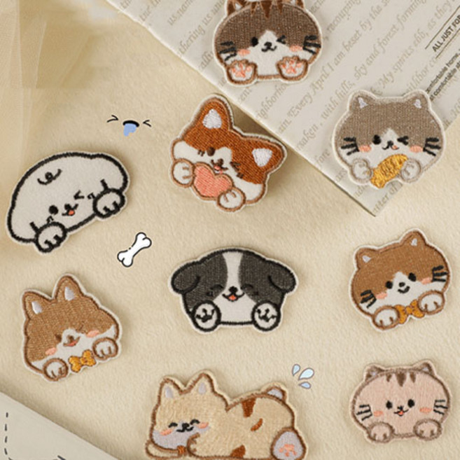 더블유제이 고양이 강아지 동물와펜 9종 자수 패치, 1개, 혼합