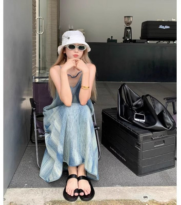 法式扎染感小眾設計吊帶連衣裙 夏季寬鬆女夏慵懶海邊度假裙子, L
