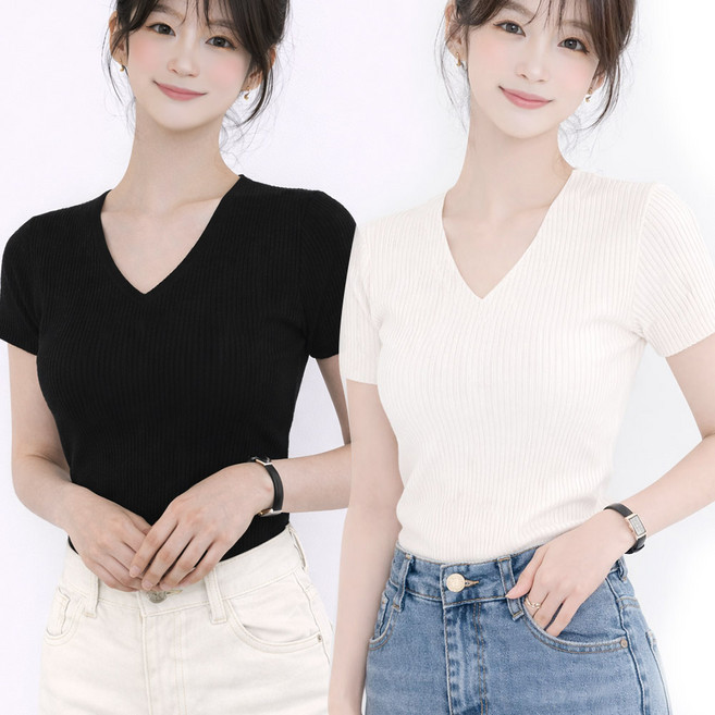 후쿠호 1+1 여성용 베이직 브이넥 반팔 니트 슬림핏 데일리 상의