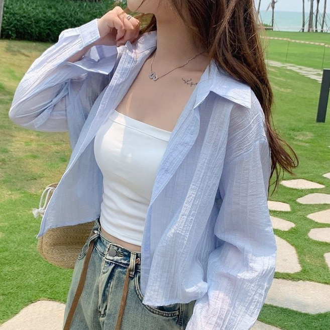 防曬襯衫女設計感短款長袖薄外套夏季寬鬆百搭開衫上衣, 6006 藍色,S 40.0-47.5公斤
