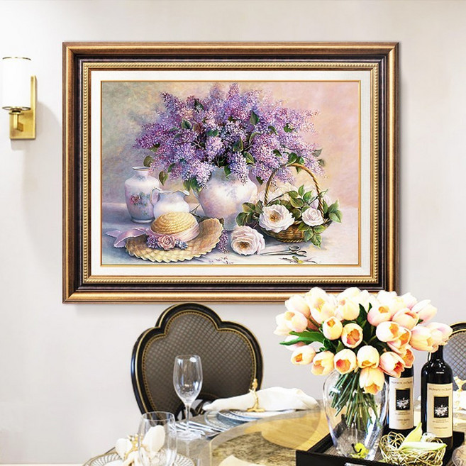 라벤다 꽃 퍼플 실십자수 셋트 세트 도안 돈 복 들어오는 패키지 무명실 명주실 실크실 명화 명작 대형 큰사이즈, 60x40실크실3가닥, 1개