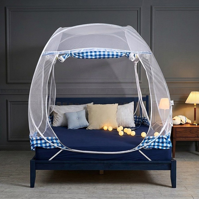 디오 사각 모기장 프리미엄 원터치 텐트 침대 블루체크 가드형 3문 촘촘한 모기망, 모닝 사각모기장3문