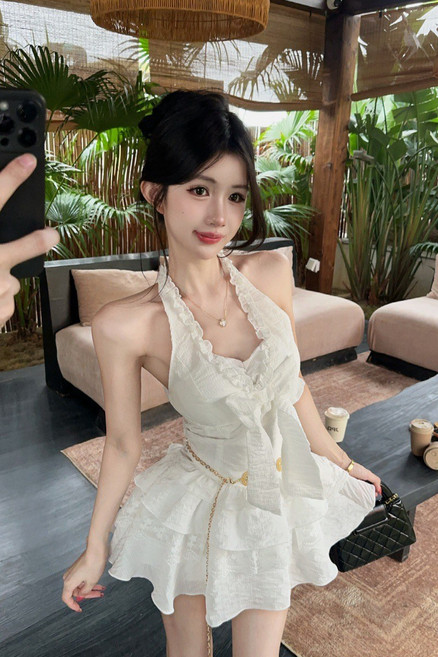 千金感蝴蝶結上衣蕾絲短裙兩件套, 白