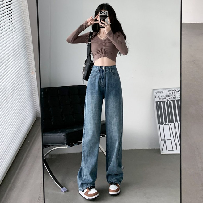 梨卡 女裝 加絨加厚直筒牛仔長褲 復古藍 S-2XL