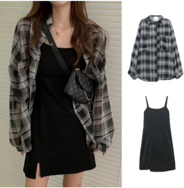 <유니크유니스> 끈나시 원피스 체크 셔츠 세트
