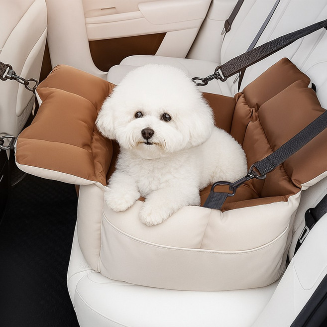 Curious Pony 강아지 카시트 이동가방 애견 카시트 강아지 자동차 카시트, 1개, 베이지 + 갈색