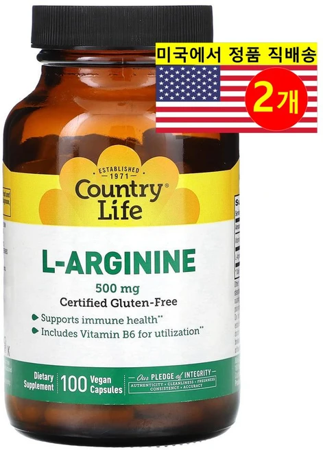 Country Life L-아르기닌 500mg L-Arginine, 2개, 100정 - 쿠팡
