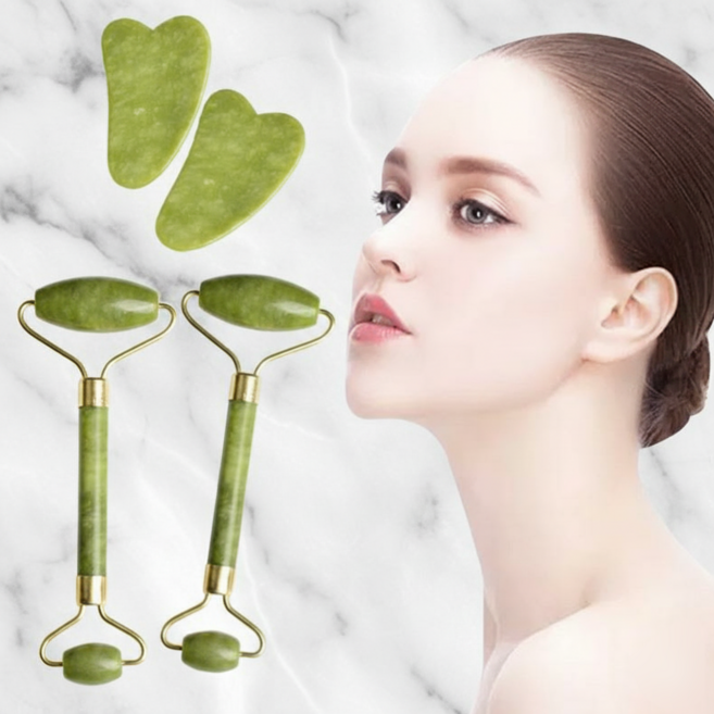 얼굴 피부관리 천연옥 비취 페이스 괄사 롤러 4P 세트, 4개, 그린