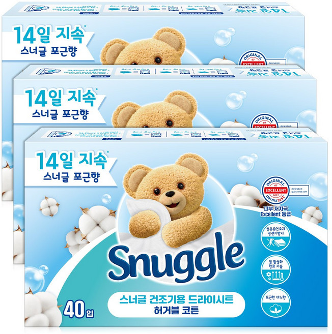 스너글 건조기용 드라이시트 허거블 코튼, 40개입, 3개