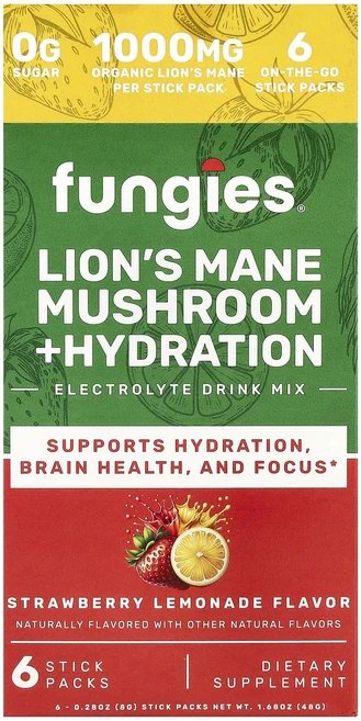 효과가 좋은 Fungies 노루궁뎅이버섯 + 수분 보충 전해질 드링크 믹스 딸기 레모네이드 스틱팩 6개 개당 8g(0.28oz) 최저가격, Fungies노루궁뎅이버섯수분보충전해질드링크믹스딸기레모, 8g - 쿠팡