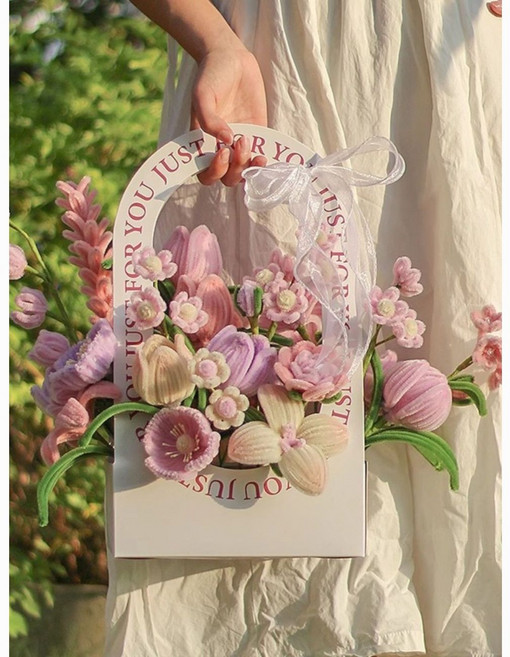 Mingpeng 모루 꽃다발 DIY 만들기 키트 핸드메이드 영구적인 튤립 해바라기 강아지 장미 사랑담은 생일 선물, 꽃다발-F, 1개