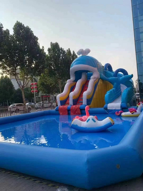대형 인플레이터블 수영장 야외 물놀이 풀장, 1개, 8mx6m 고래 미끄럼틀 세트
