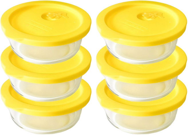 감성리빙 촉촉한 햇밥용기 냉동밥 보관용기 전자레인지 가능 유리 용기 이유식용기 겸용 300ml, 6개, 노란색