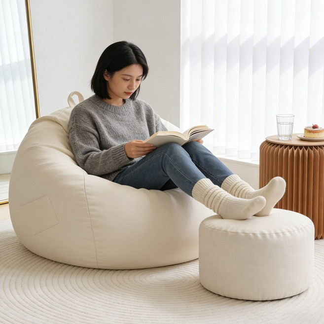 초경량 1인용 빈백 소파 손잡이 이동 가능 풋스툴 포함 탈부착 커버 세탁가능 패브릭 안락의자, 베이지