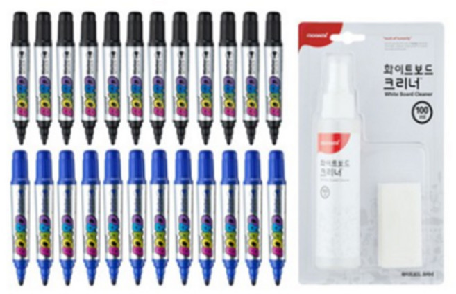 모나미 보드마카 B 흑색 12p + 청색 12p + 화이트보드 크리너 세트, 혼합색상, 1세트