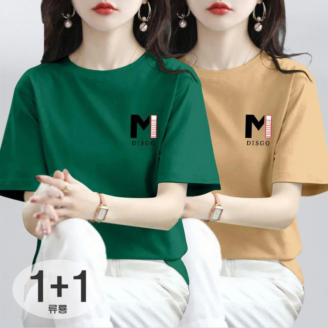 류룡 1+1 여성 라운드 면 반팔 티셔츠